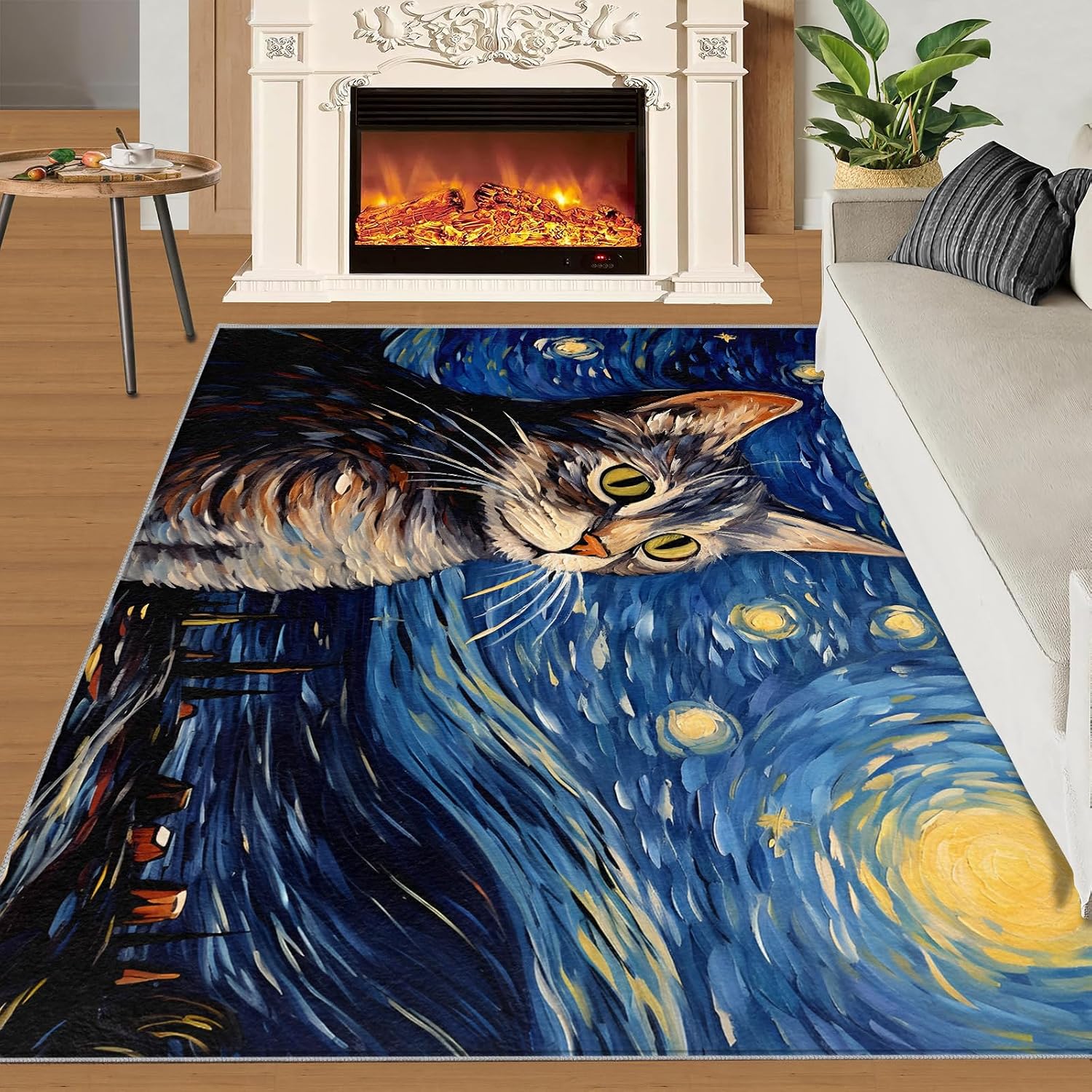 6x8 Area Rug - Starry Sky American Shorthair Cat Large Rugs for Living Room, Post-Impressionist Art Painting Carpet Area Rug for Girls Bedroom Kids Room Basement Office Classroom