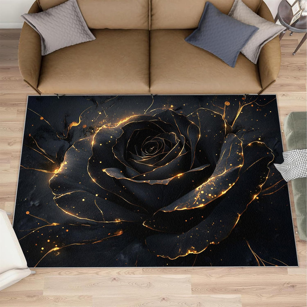 Black Rose Bedroom Rug, Abstract Rose Rugs for Living Room, Washable Area Rug for Dining Room Farmhouse Decor Floor Mat 6x8