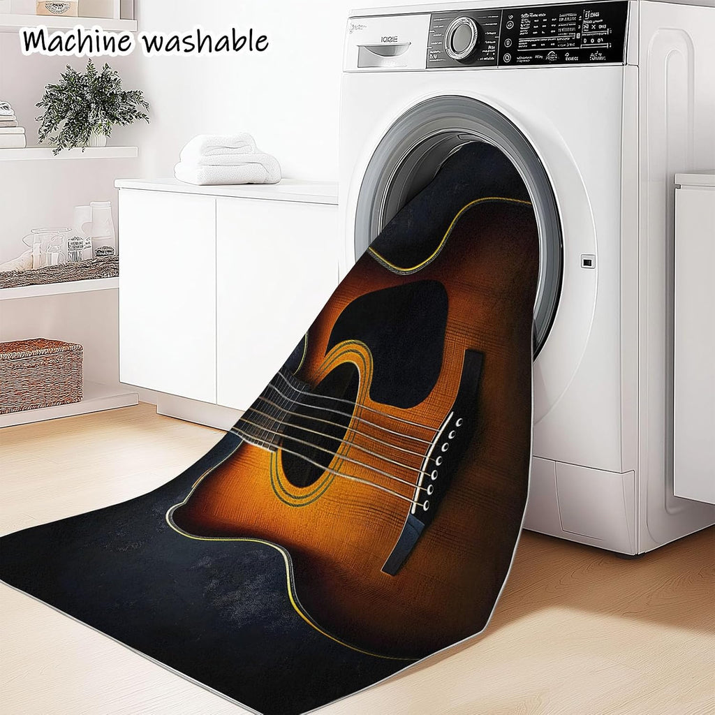 6 x 9 ft Washable Area Rug Black Ultra Soft Area Rug Traditional Floor Cover, Foldable Thin Rug Indoor Non Slip Carpet Minimalist Guitar Print Mat Bedroom Living Room Kitchen