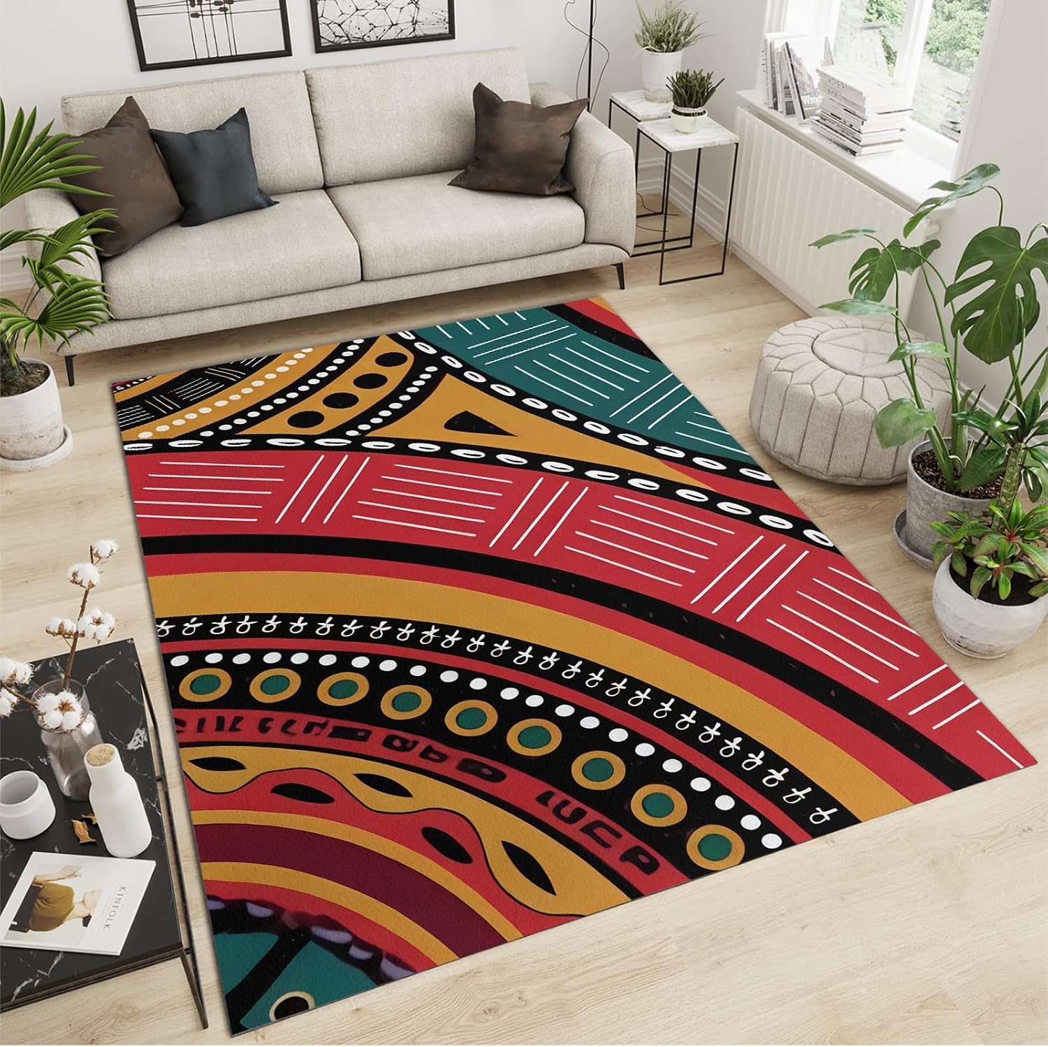 African Tribal Culture Area Rug, Vintage Color Geometric Print Large Area Rugs, Indoor Non-Slip Kids Rugs, Machine Washable Breathable Durable Carpet for Front Entrance Floor Decor,6 x 8ft