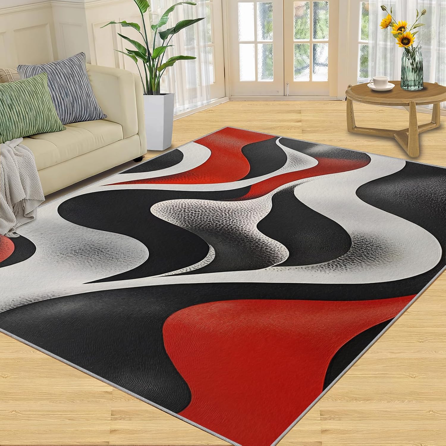 Abstract Rugs for Living Room 6x8ft, Black and Red Rugs, Modern Rug, Decor Carpet for Bedroom Dining Room Non Slip Area Rug
