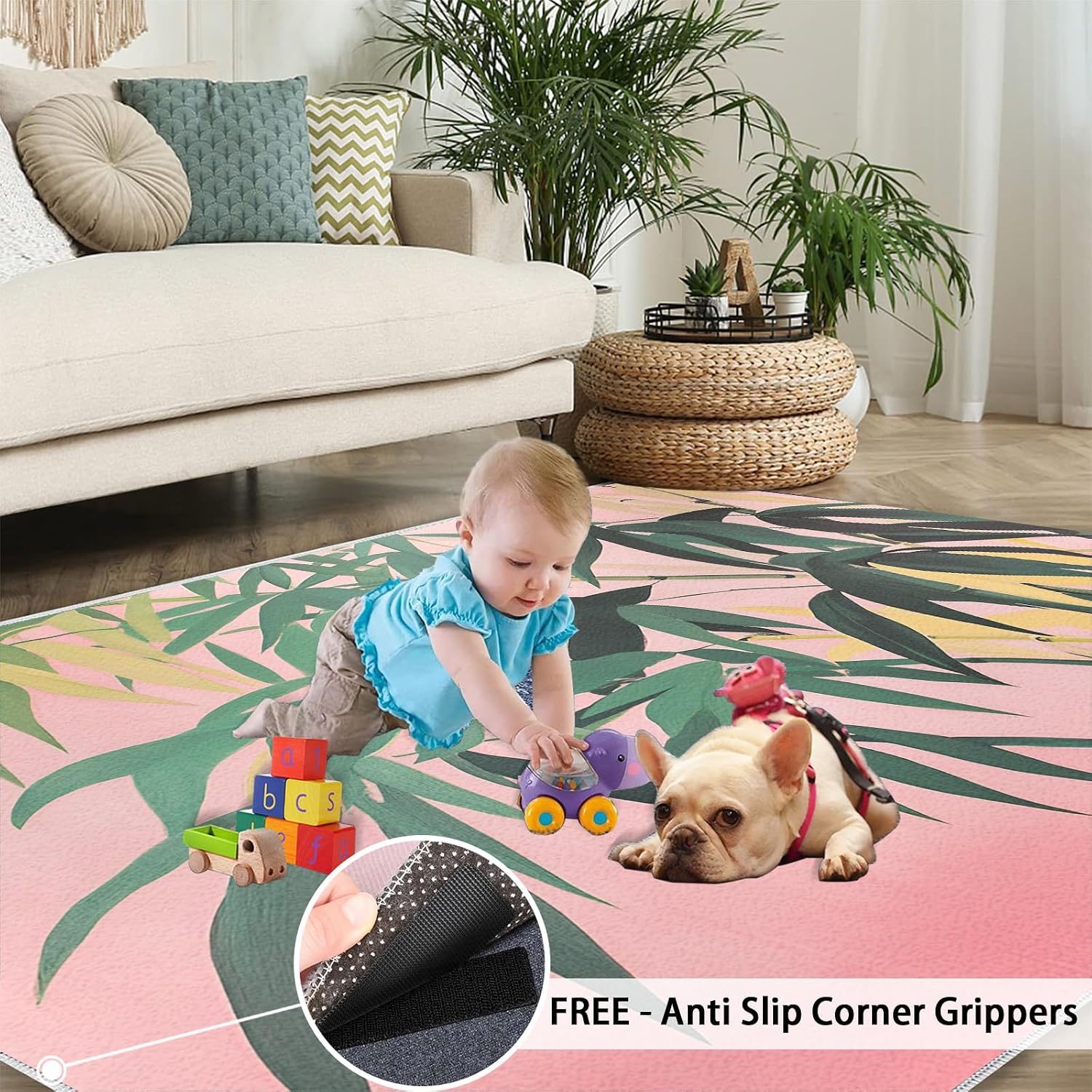 Green Bamboo Rug, Plants Rugs for Bedroom 5x7 Rug, Leaves Area Rug, Rugs for Living Room, Non Slip Washable Carpet for Kids Room Home Decor