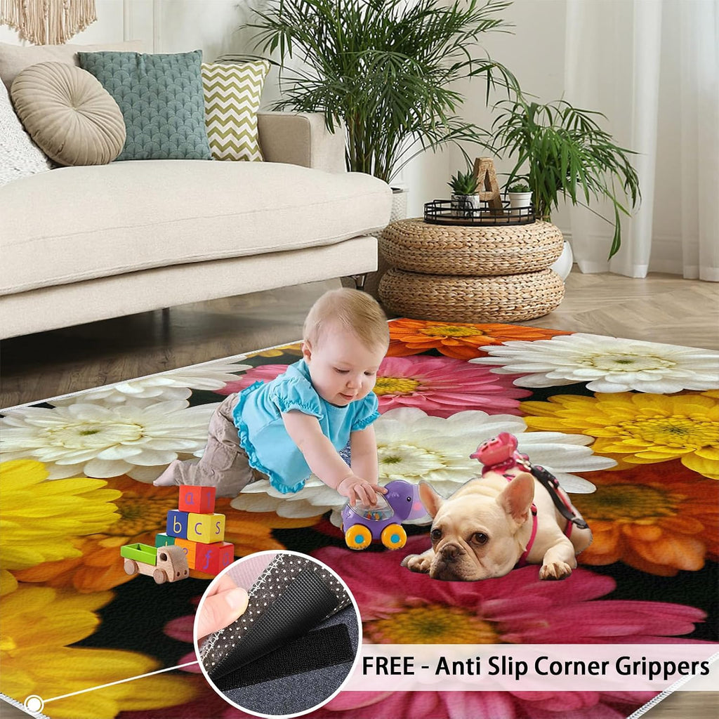 6x8 Chrysanthemum Area Rug - Florals Large Rugs for Living Room, Flower Carpet Area Rug for Girls Bedroom Kids Room Basement Office Classroom