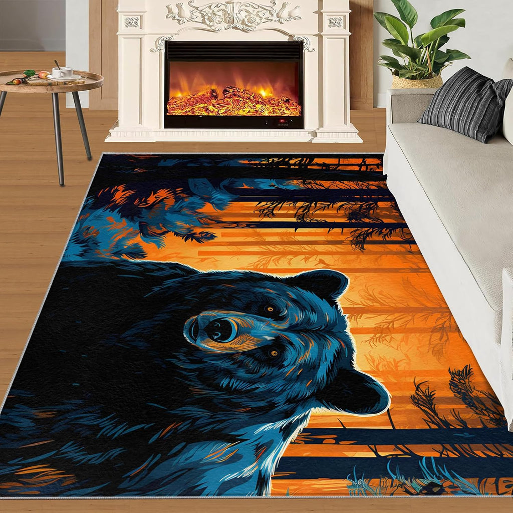 Black Bear Rug for Kids Room - 6x8 Large Rug, Forest Animal Rugs for Bedroom Flame Jungle Area Rugs for Living Room Home Decor Washable Rug