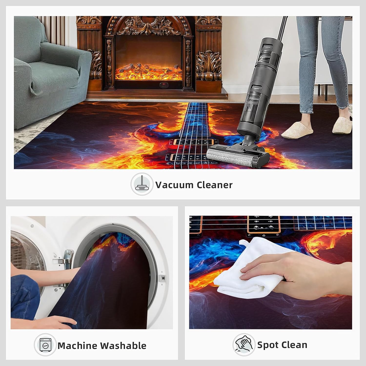 Guitar Rug 8x10, Flame Guitar Area Rugs for Bedroom, Rock Music Rugs for Boys Room, Low Pile Non Slip Carpet for Computer Game Room Dormitory