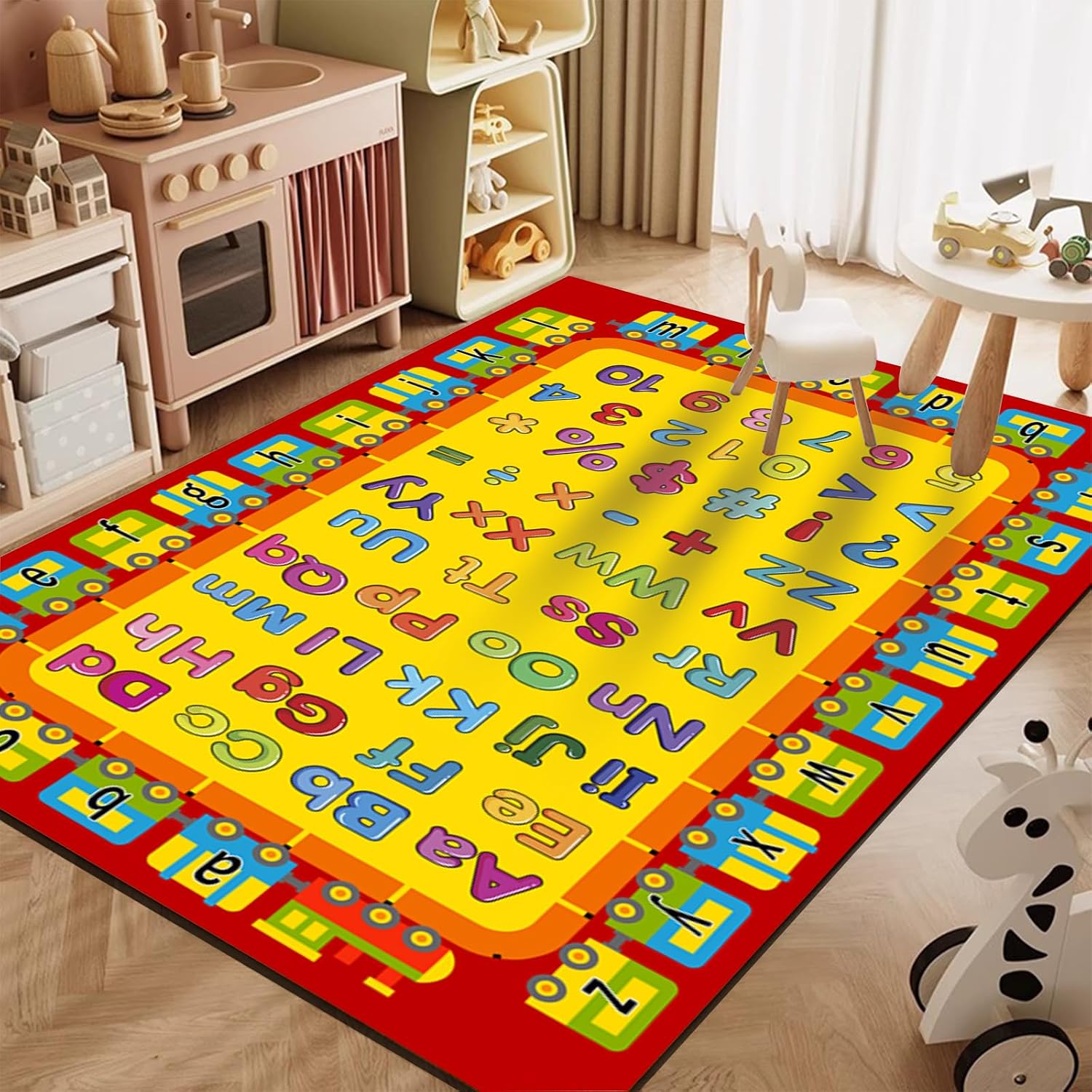 Children's Educational Playing Mat, 6x8ft, Cartoon Train Alphabet Numbers Area Rug for Bedroom, Bright Colors Anti-Skid Kids Rugs, Soft Washable Easy Clean Rugs for Girls Boys Indoor