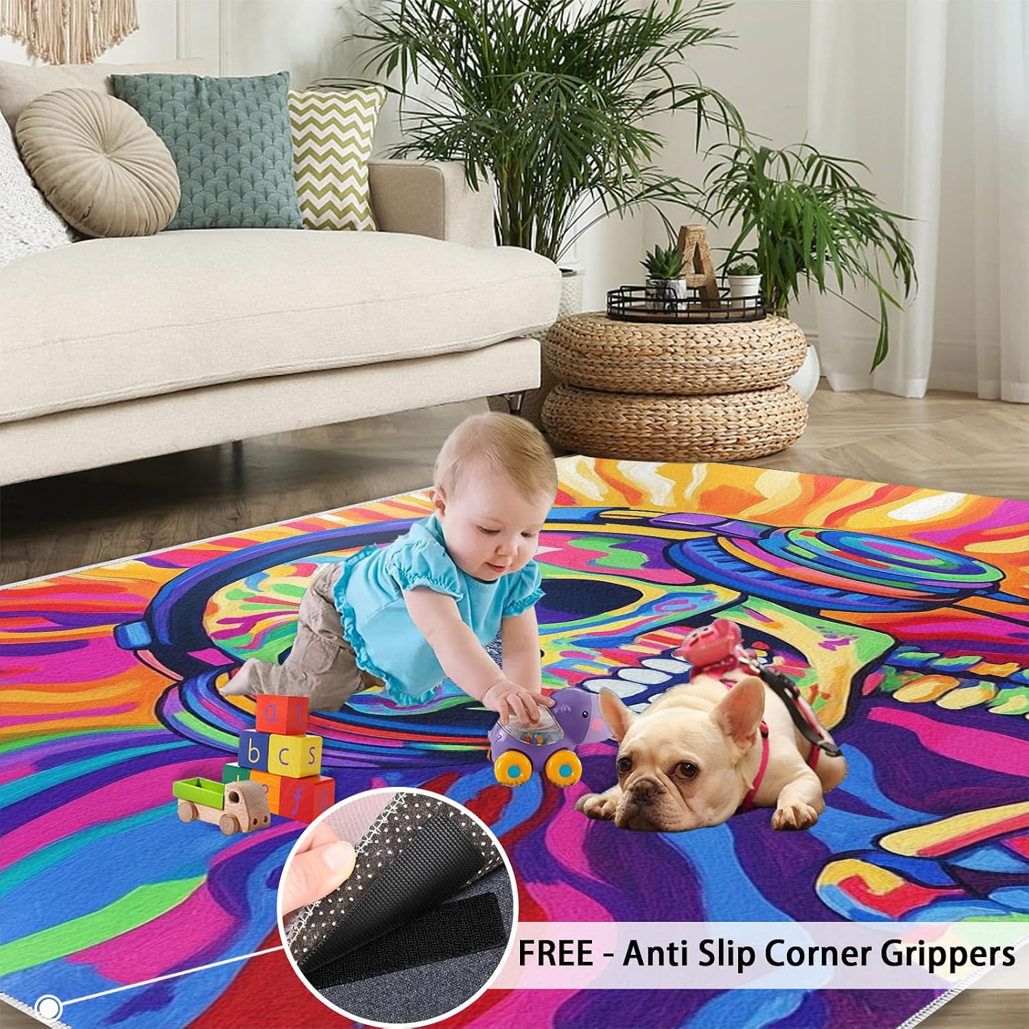 Headphone Skull Rug 6x8 - Pop Art Large Rugs for Living Room, Colorful Skeleton Carpet Area Rug for Girls Bedroom Kids Room Basement Office Classroom