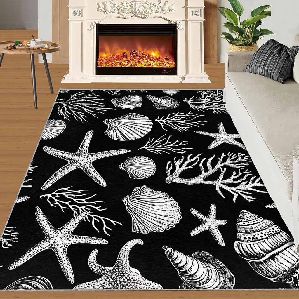Coastal Rugs for Bedroom, Shells Rug 6x8, Coral Dining Room Rugs Washable & Non Slip Large Carpet for Home Decor