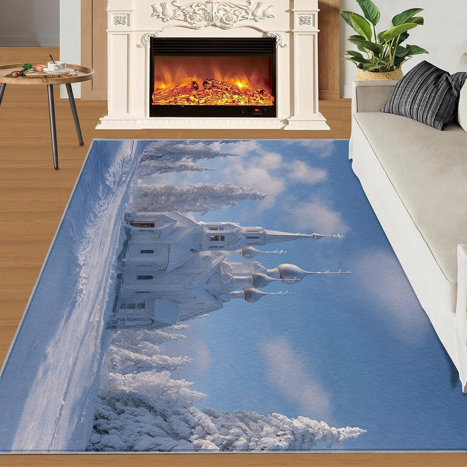 Castle Rugs for Bedroom, Winter Forest Rug 6x8, Winter Scenery Dining Room Rugs Washable & Non Slip Large Carpet for Home Decor