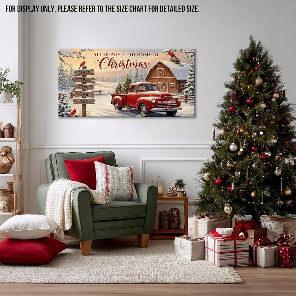 GUTTATY Personalized Christmas Canvas Wall Art, Customized Holiday Canvas Prints with Family Name and Signposts, Rustic Red Truck Winter Farm Scene Wall Decor Poster for Living Room, 30x60 Inch