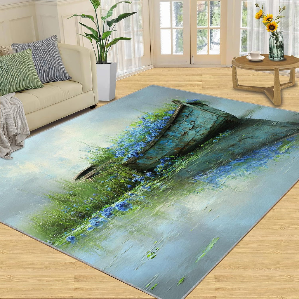 6x8 Floating Boat Area Rug - Impressionist Painting Large Rugs for Living Room, Oil Painting Carpet Area Rug for Girls Bedroom Kids Room Basement Office Classroom