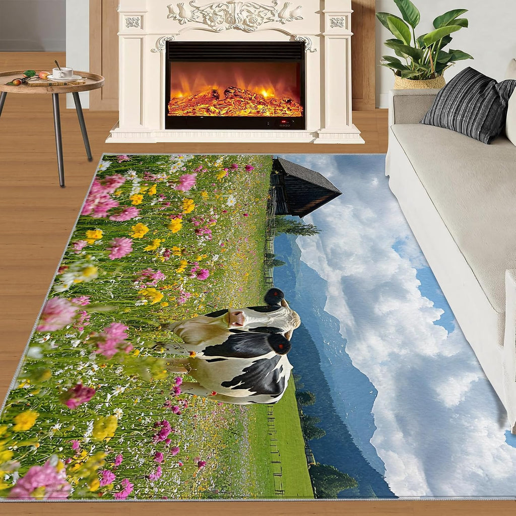 Dairy Cows Rugs for Bedroom - 6x8 Area Rug - Western Farms Rugs for Living Room, Floral Animals Rug, Washable Home Decor Carpet