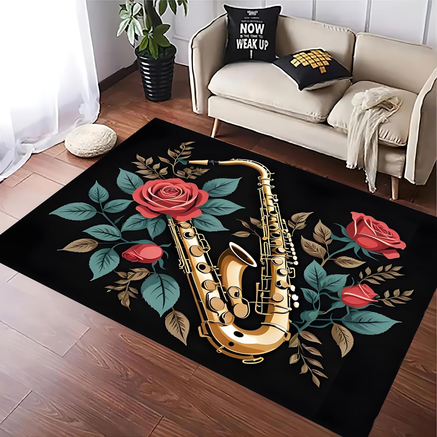 Music Area Rug，6x8ft Red Rose Flower Print Home Decoration Rug，Retro Jazz Saxophone Music Area Rug，Suitable for Bedroom, Living Room, Bedside, Home Interior Decoration Area Rug Mat