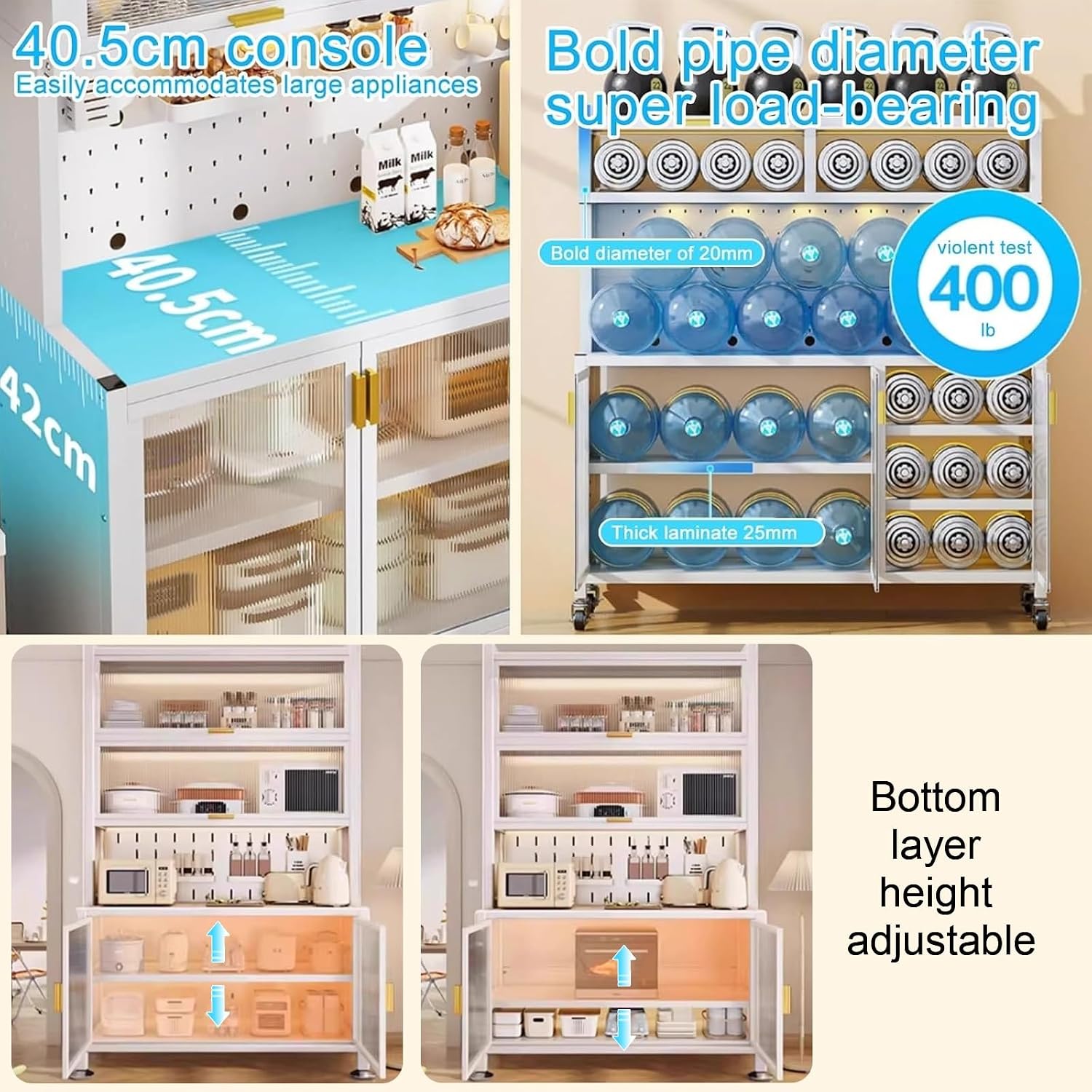 6-Tier Kitchen Bakers Rack, Kitchen Microwave Stand, Bakers Rack with Storage, Pegboard, Adjustable Shelf(White-100Cm)