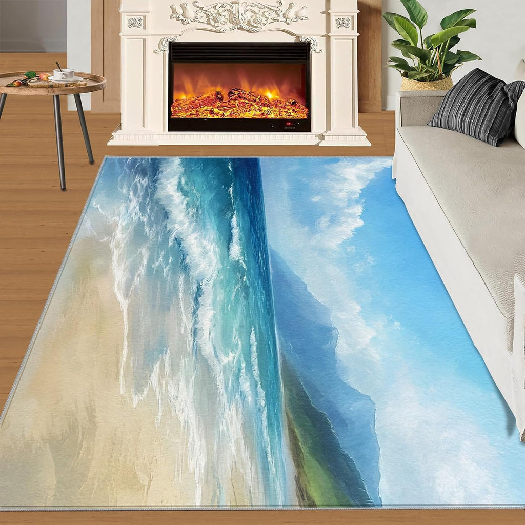 Summer Beach Rug Large - 6x8 Rug, Coastal Area Rugs for Bedroom, Blue Ocean Rugs for Living Room, Landscape Washable Mat, Tropical Sea Carpet, Beach Home Decor & Gifts