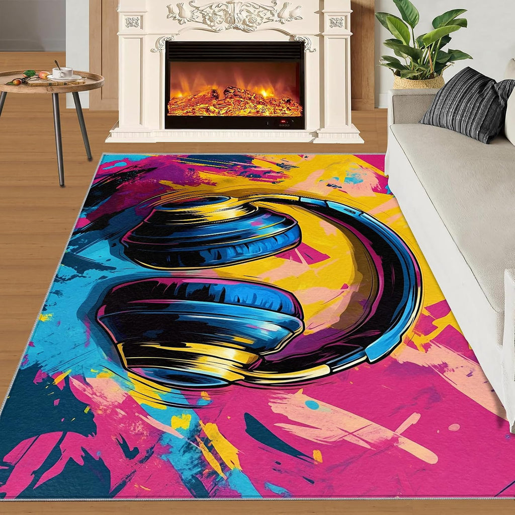 Graffiti Rug 6x8, Music Rugs for Girls Room, Earphone Rugs for Bedroom, Decor Rug for Bedside Living Room Floor Mat