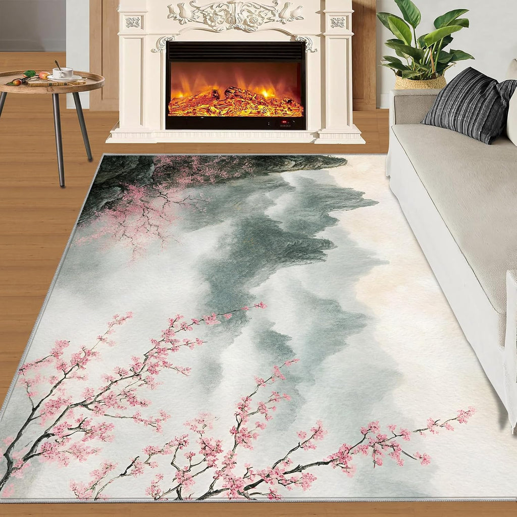 Japanese Rug Large - 6x8 Rug, Cherry Blossom Area Rugs for Living Room, Ink Painting Mountains Rugs for Bedroom, Landscape Non-Slip Mat, Japanese Home Decor & Gifts