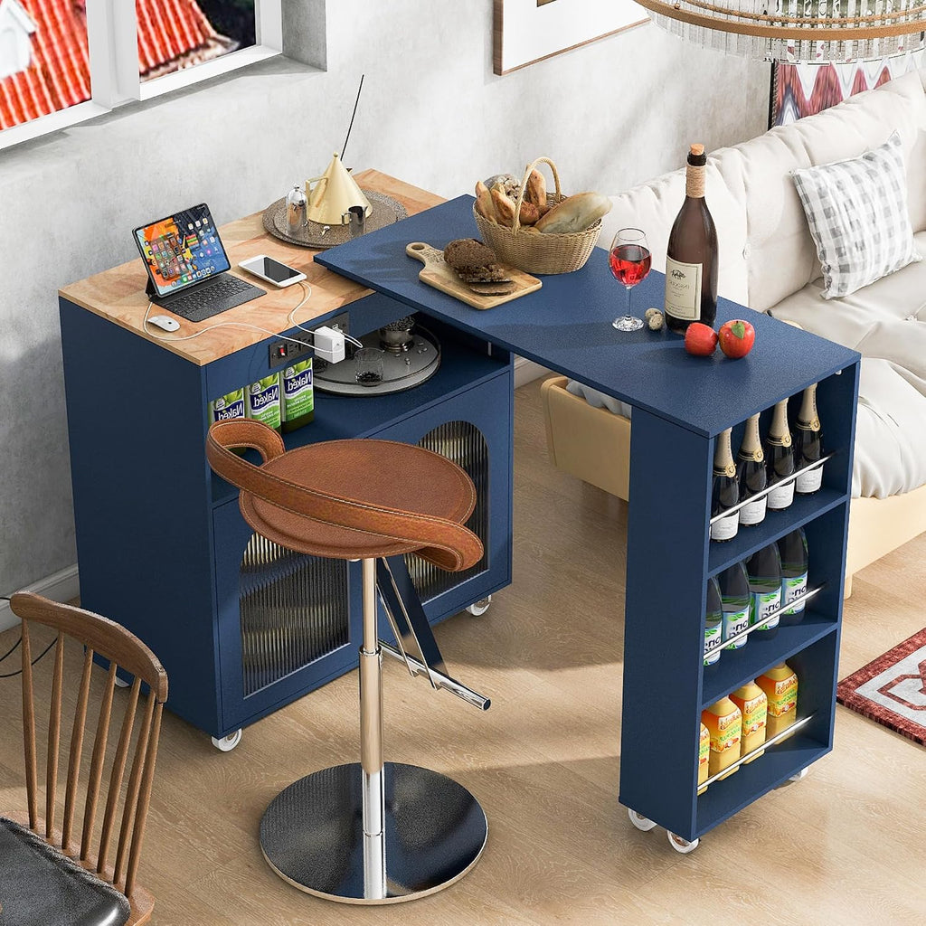 Merax Kitchen Island with Extended Table, Rolling Kitchen Islands Cart with LED Lights, Power Outlets, 2 Fluted Glass Doors, Storage Compartment, and Side 3 Open Shelves (Navy Blue)