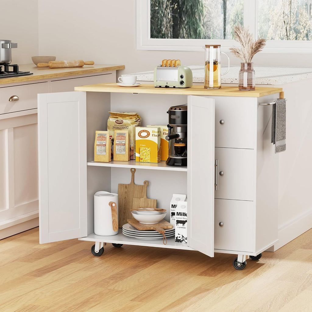 JY QAQA 40' Kitchen Island Cart Furniture cart on Wheels Rolling Portable Dining Room Serving Utility Carts Mobile Movable with Drawers Cabinet,White