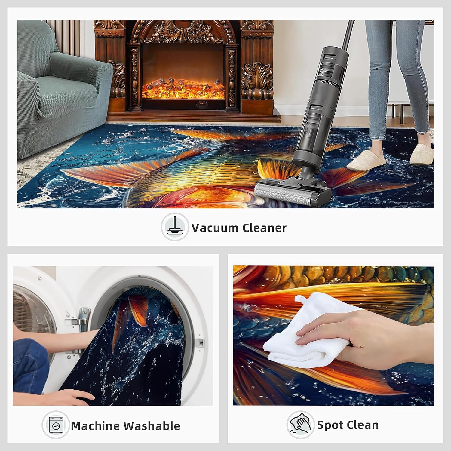 Fish Rugs for Bedroom, Carp Rug 6x8, Animals Dining Room Rugs Washable & Non Slip Large Carpet for Home Decor