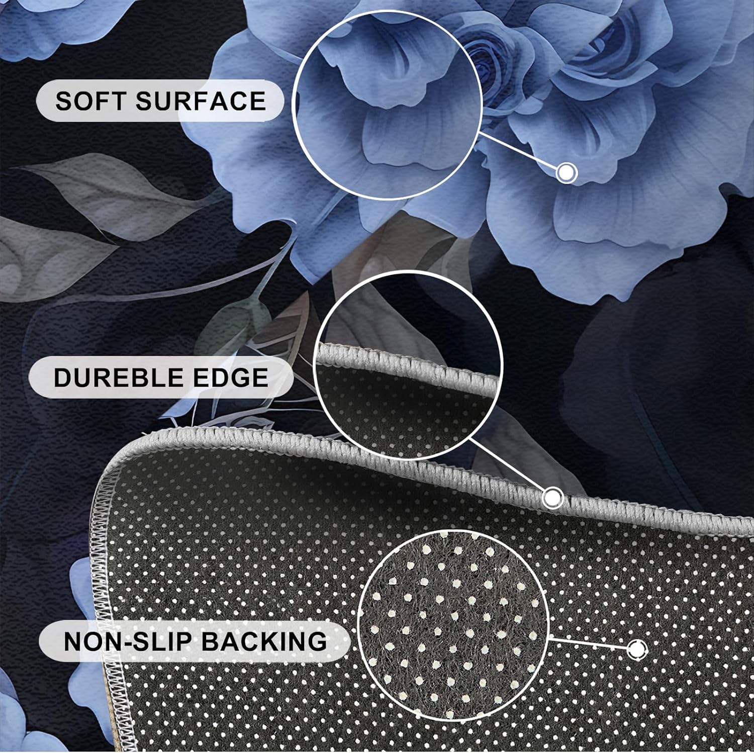 Blue Roses Black Leaves Area Rug, Modern Light Luxury Indoor Non-Slip Kids Rugs, Machine Washable Breathable Durable Carpet for Room Sofa Living Room Mat Bedroom Home Decor Floor Mats,6 x 8ft