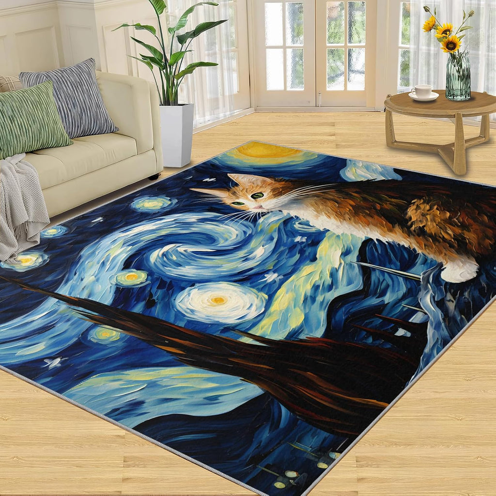6x8 Area Rug - Starry Sky Cat Large Rugs for Living Room, Post-Impressionist Art Painting Carpet Area Rug for Girls Bedroom Kids Room Basement Office Classroom