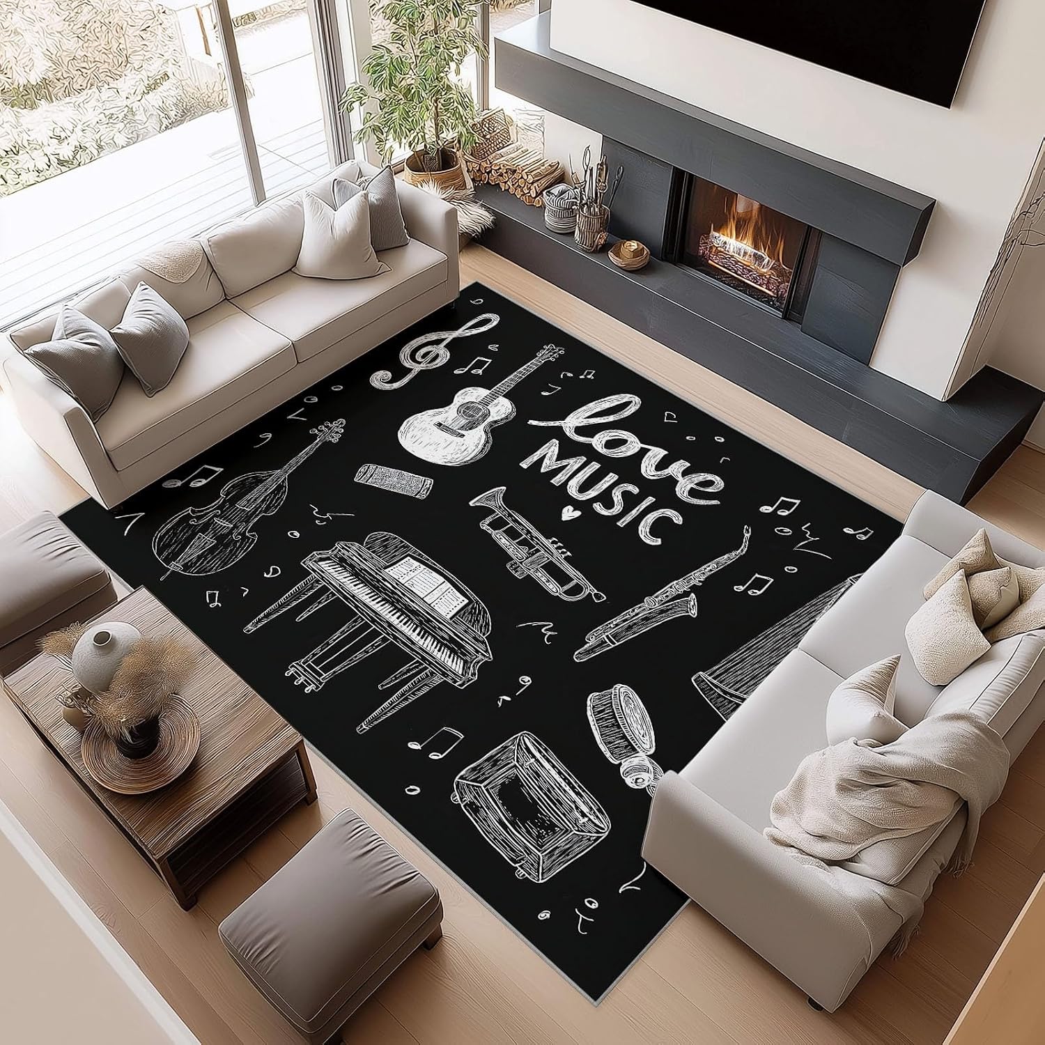 Hand-Drawn Instruments Guitar Piano Drums Area Rug Washable Non Slip Living Room 7 x 8 ft Carpet Mat, Black Soft Stain Resistance Indoor Carpet, for Bedroom Nursery Runner Mat
