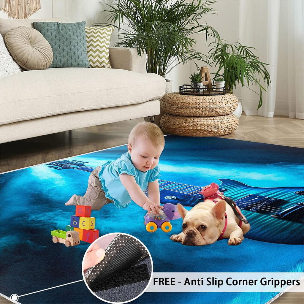 Guitar Rug Large - 8x10 Rug, Music Area Rugs for Living Room Bedroom, Music Style Area Rugs, Musical Instrument Washable Carpet, Kids Carpet, Guitar Home Decor & Gifts
