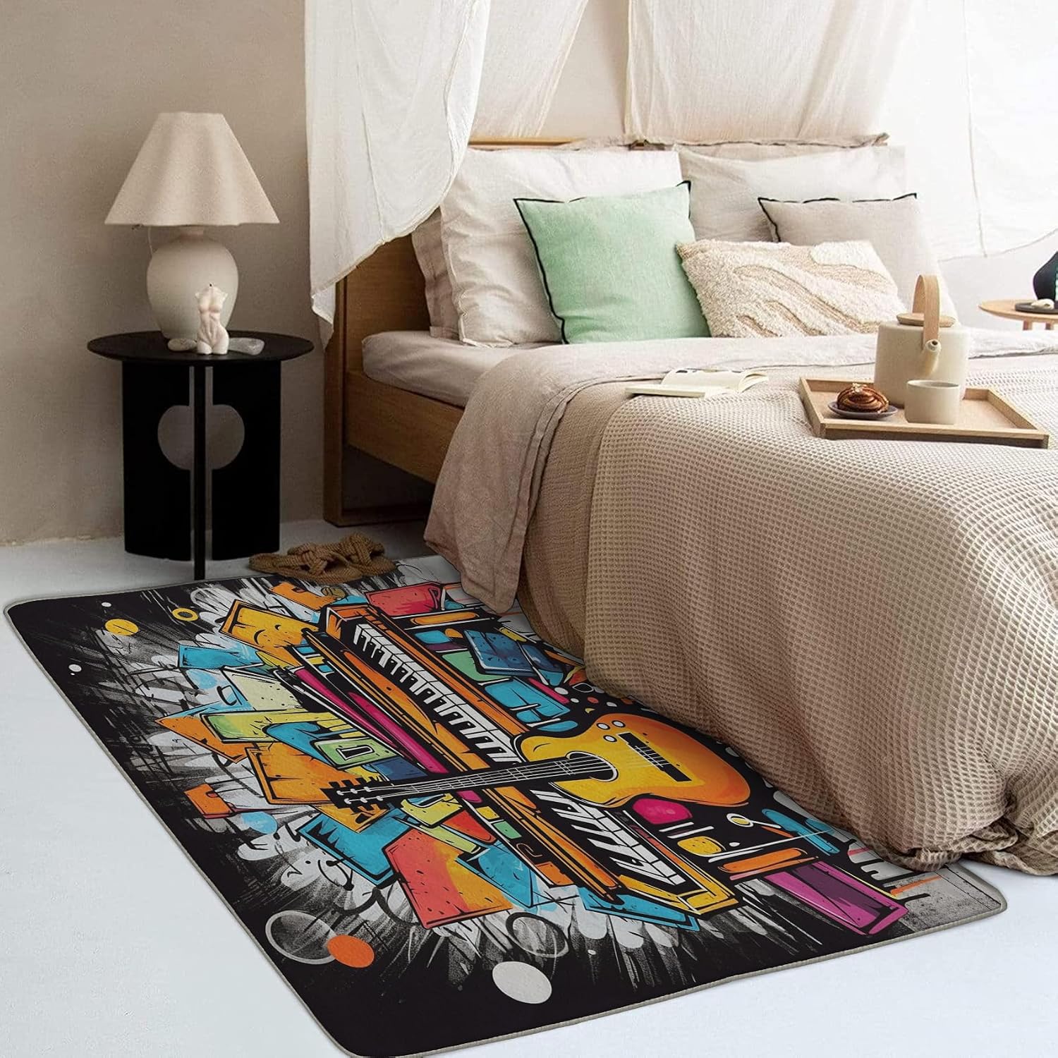 Graffiti Rug 6x9 ft, Music Themed Area Rug, Guitar Rugs for Living Room Bedroom, Piano Carpet, Kids Room Decor for Boys Girls, Washable Non Slip Soft Low Pile Indoor Area Rugs