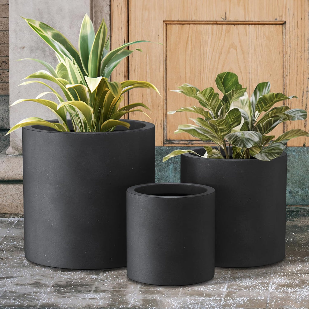 Kante Set of 3 Black Concrete Planters, Graduated Cylinders 9.8' to 15.7' Tall – Lightweight Round Pots with Drainage Hole & Rubber Plug, Modern Nesting Containers for Indoor Outdoor, Home Patio