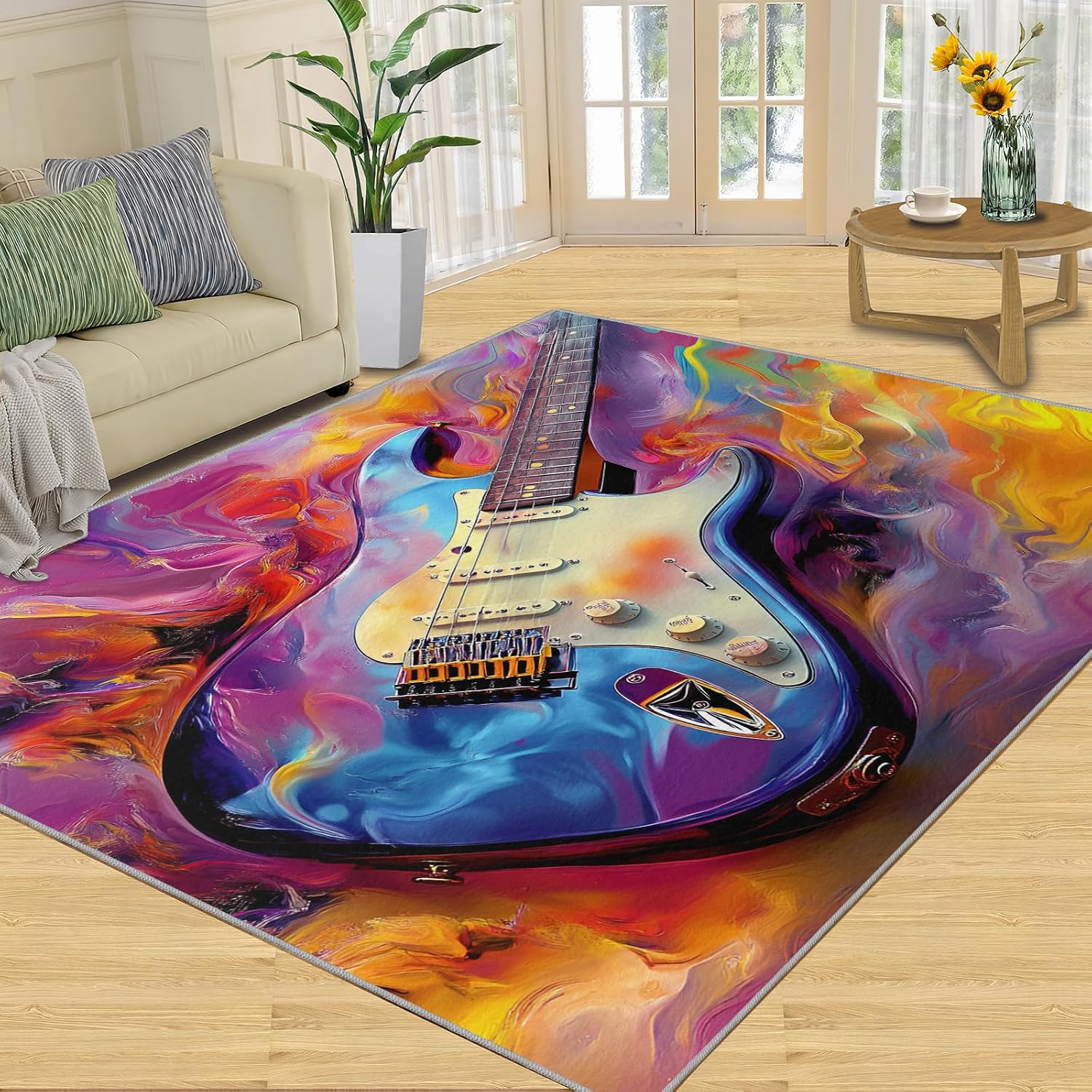 Guitar Rugs for Music Room - 5x7 Rug, Music Home Decor, Boys Musical Washable Rugs for Living Room Bedroom, Colorful Abstract Area Rug, Rock and Roll Carpet, Electric Guitars Gifts for Men
