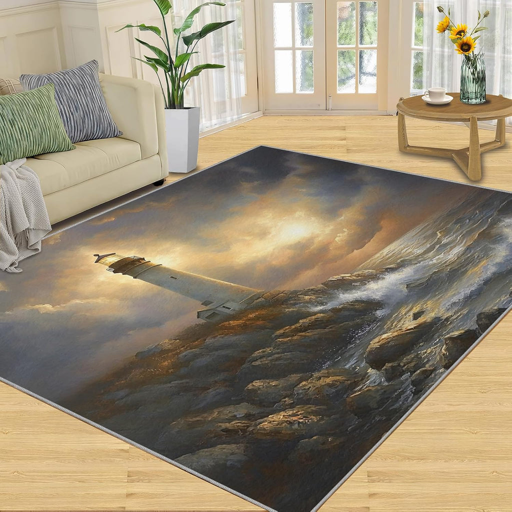 Lighthouse Rug Large - 6x8 Rug, Nautical Area Rugs for Bedroom, Coastal Beach Rugs for Living Room, Boys Room Washable Mat, Ocean Carpet, Nautical Home Decor & Gifts