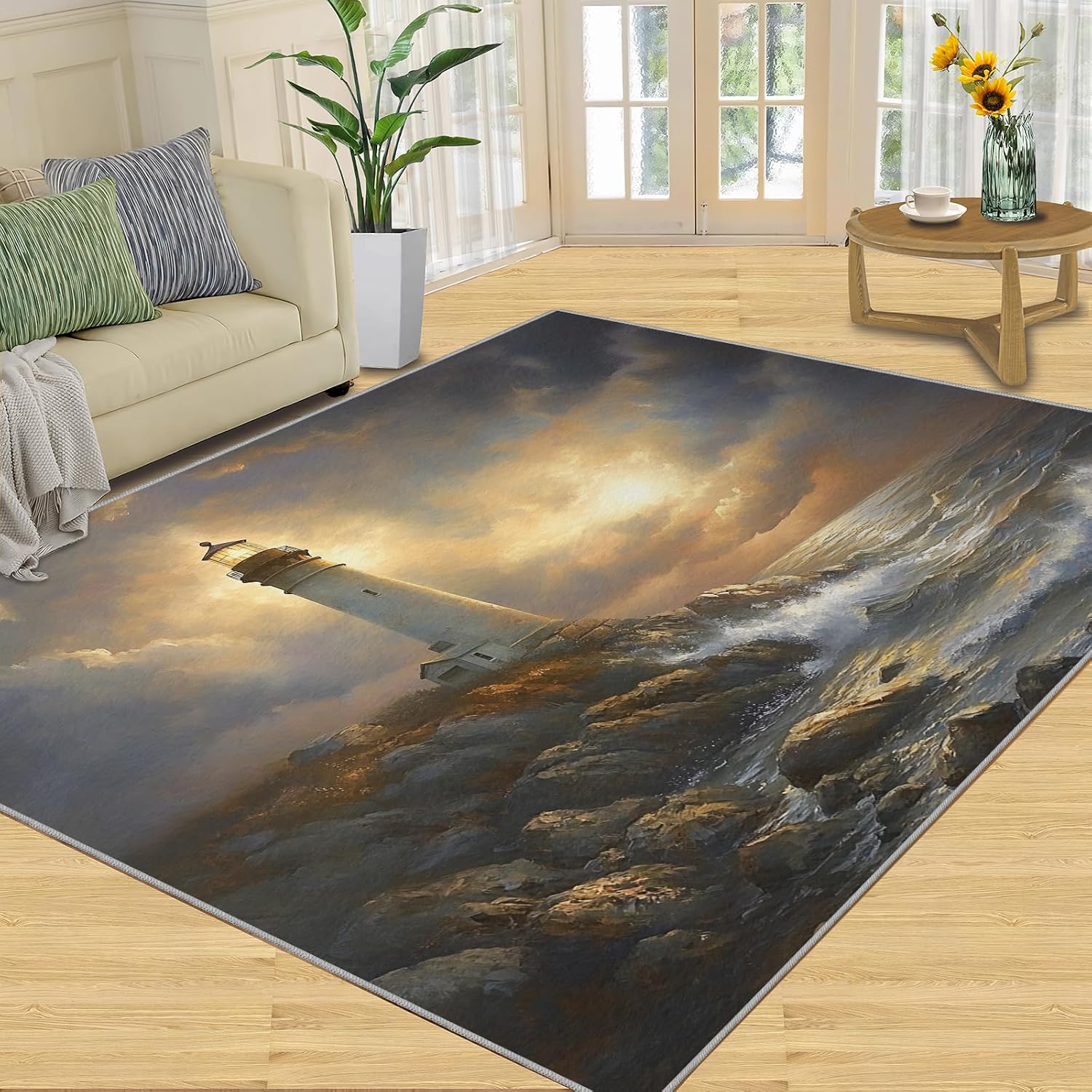Lighthouse Rug Large - 6x8 Rug, Nautical Area Rugs for Bedroom, Coastal Beach Rugs for Living Room, Boys Room Washable Mat, Ocean Carpet, Nautical Home Decor & Gifts