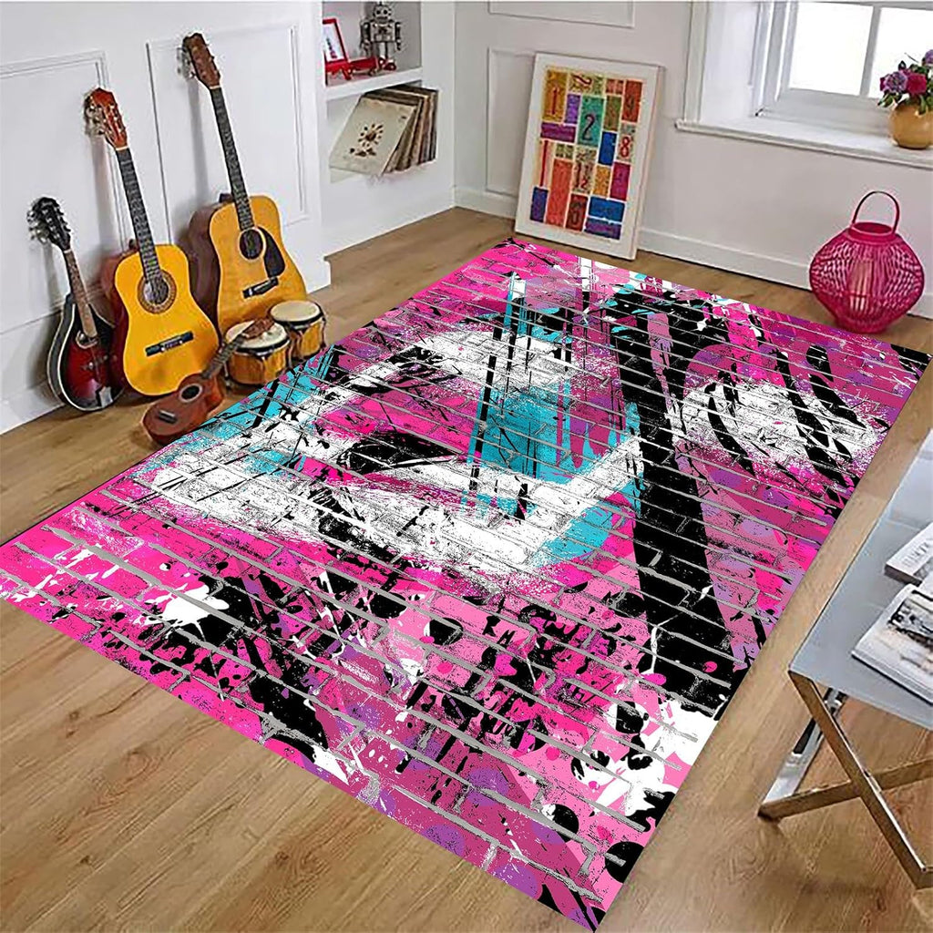 Music Rug，6x8ft,Music Themed Area Rug, Pink Modern Abstract Graffiti Art Anti-Slip Rug，Washable Indoor Carpet, Suitable for Living Room, Laundry Room, Dormitory, Bedside, Children's Room