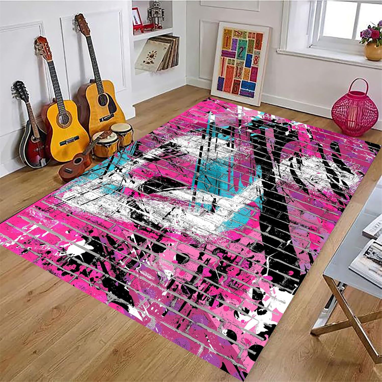 Music Rug，6x8ft,Music Themed Area Rug, Pink Modern Abstract Graffiti Art Anti-Slip Rug，Washable Indoor Carpet, Suitable for Living Room, Laundry Room, Dormitory, Bedside, Children's Room