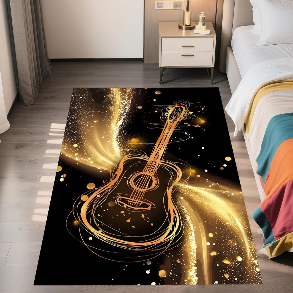 Guitar Area Rug, 6x8ft, Music Themed 3D Instrument Print, Black and Gold Guitar Washable Rugs, Soft Rugs for Bedrooms, Living Rooms, Studies, Children's Rooms, Non-Slip Mats, Home Décor
