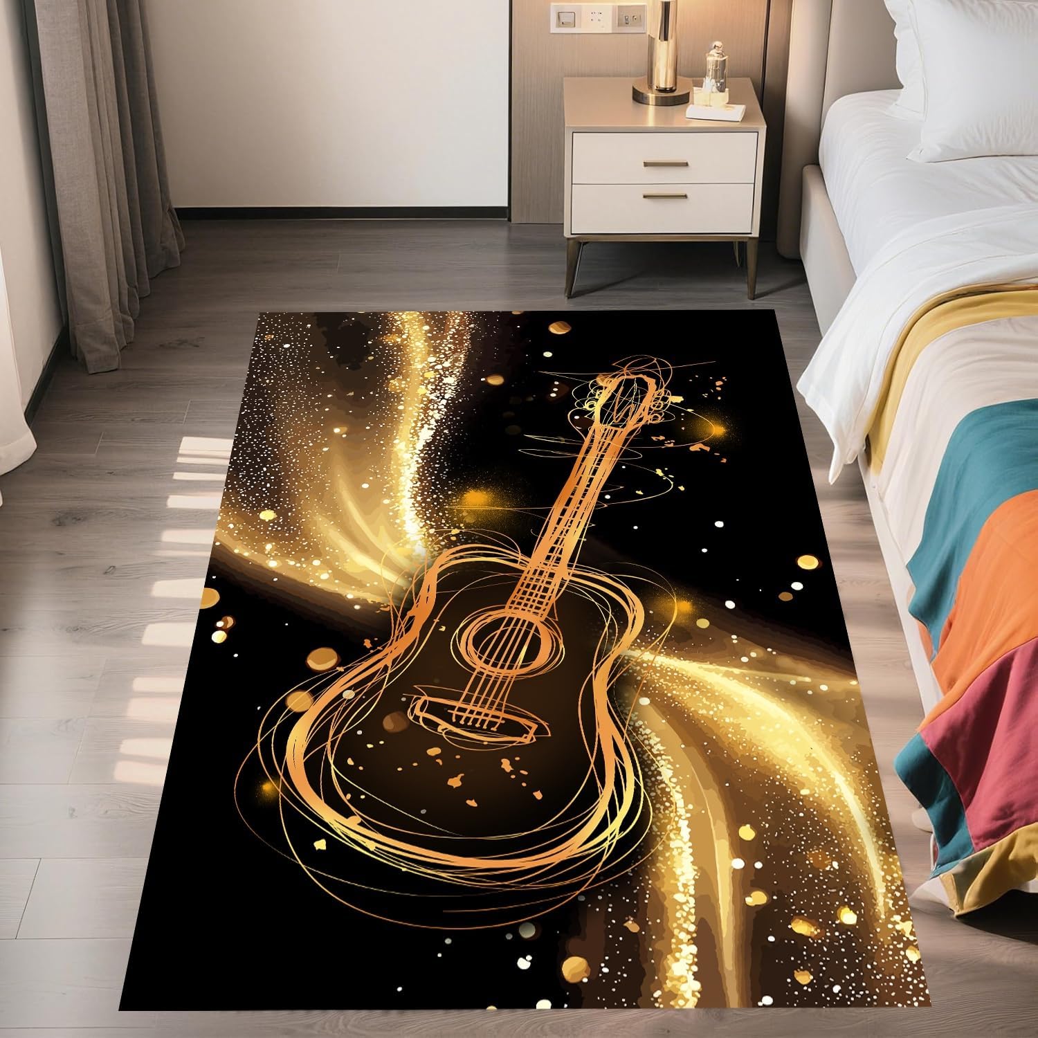 Guitar Area Rug, 6x8ft, Music Themed 3D Instrument Print, Black and Gold Guitar Washable Rugs, Soft Rugs for Bedrooms, Living Rooms, Studies, Children's Rooms, Non-Slip Mats, Home Décor