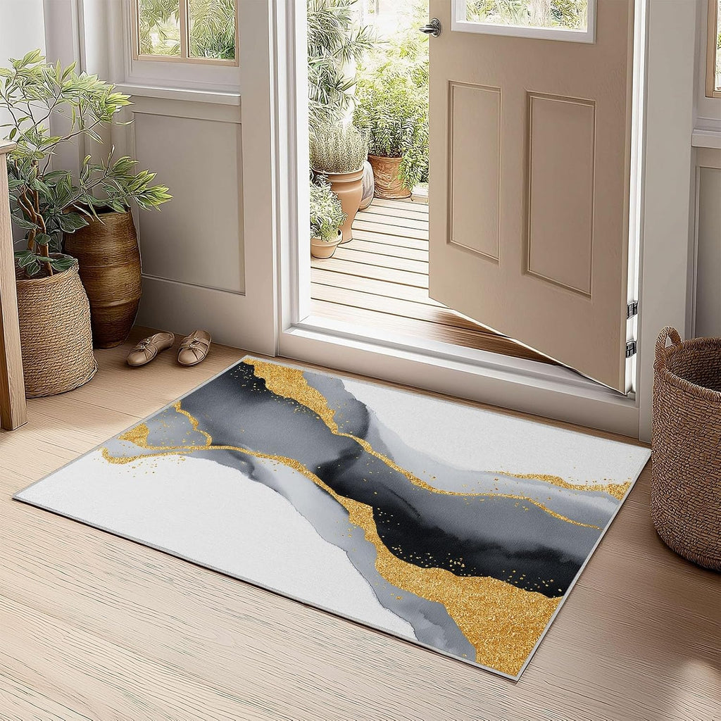 Minimalism Washable Area Rug 5 x 7 ft for Living Room Bedroom, Watercolor Waves Marble Printed Low Pile Rug - Non Slip Carpets for Office Kids Room Stain Resistant Dining Room Carpet