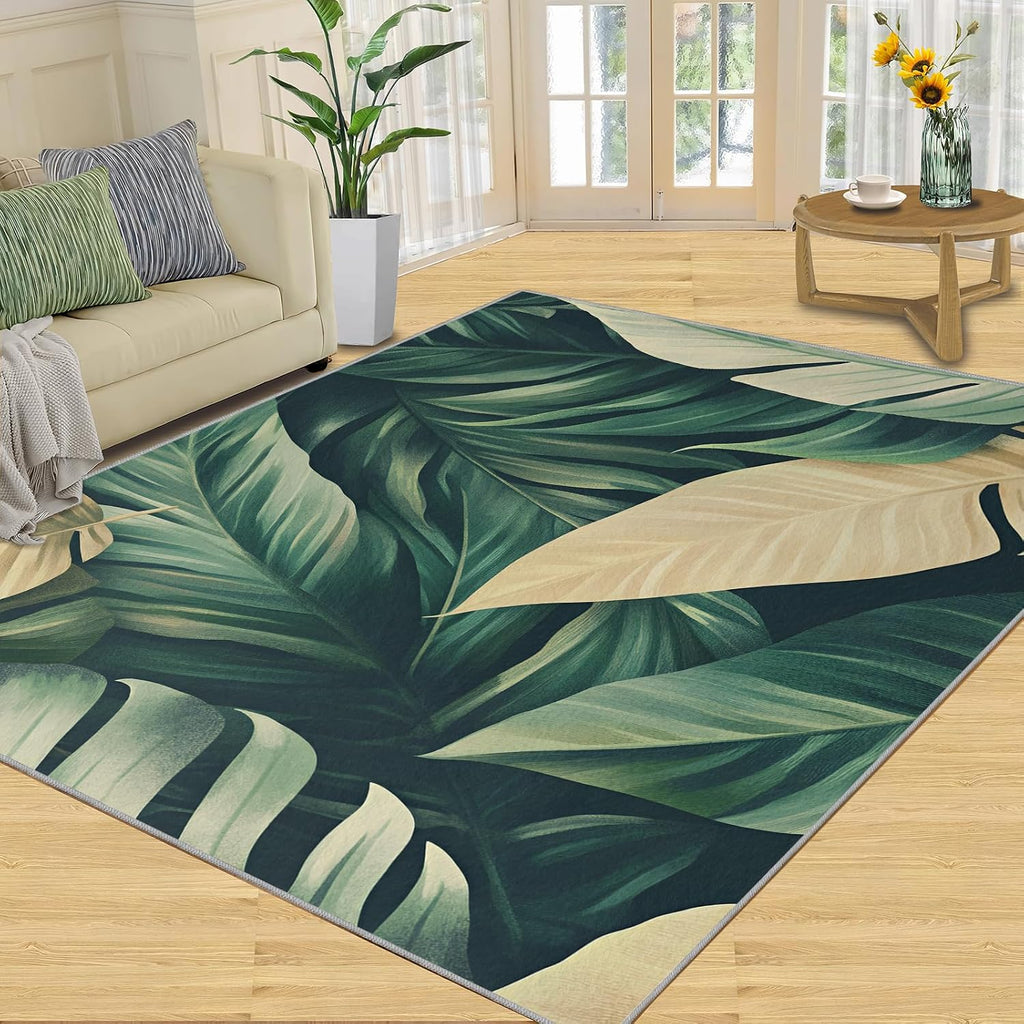 Leaves Area Rug - 6x9 Rug, Banana Leaf Rugs for Living Room, Tropical Botanicals Washable Rugs for Bedroom, Non Slip & Low Pile, Indoor Carpet & Home Decor