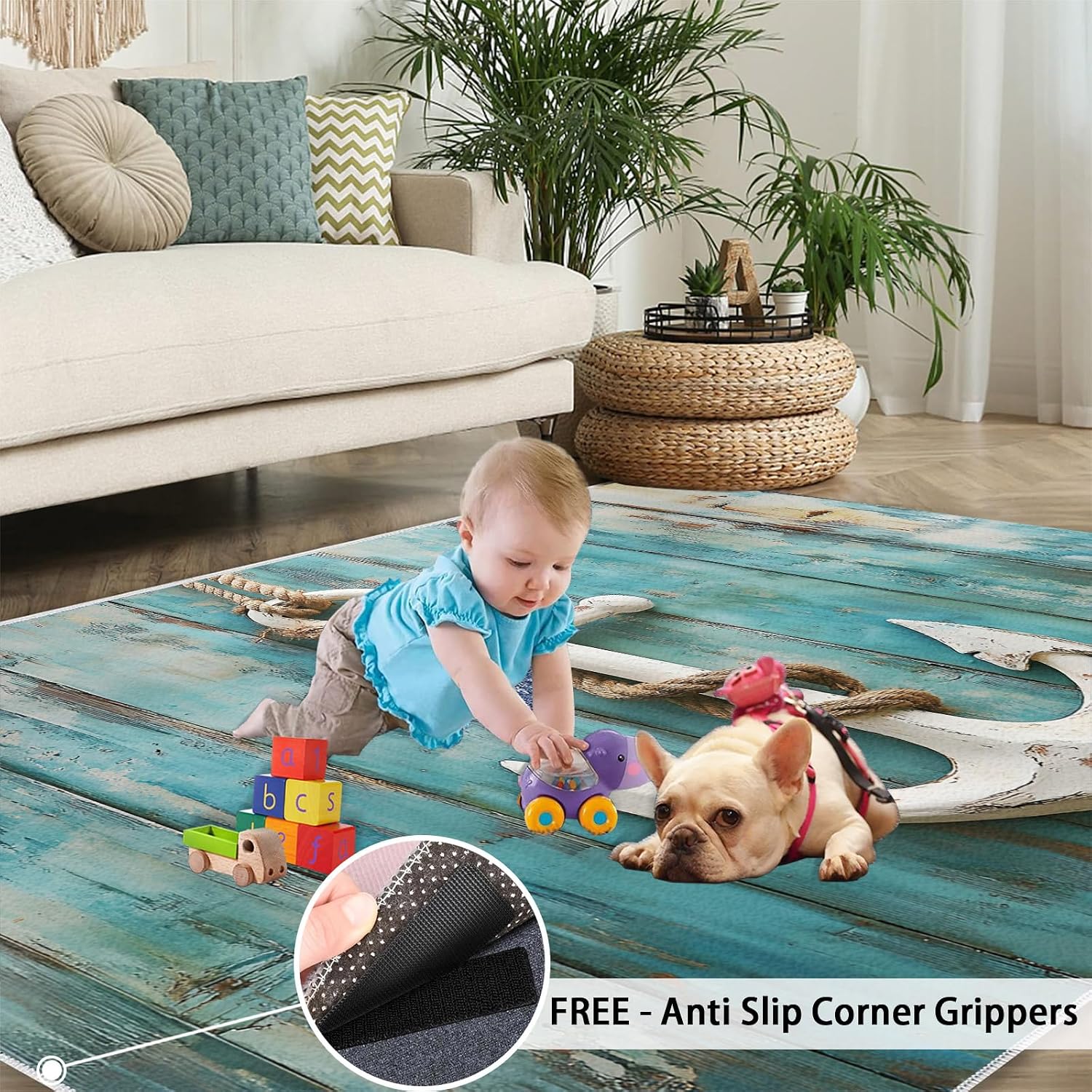 Anchor Rug 6x8, Retro Wooden Boards Rugs for Bedroom, Nautical Theme Area Rug, Non Slip Washable Rugs for Living Room Farmhouse, Indoor Low Pile Decor Carpet