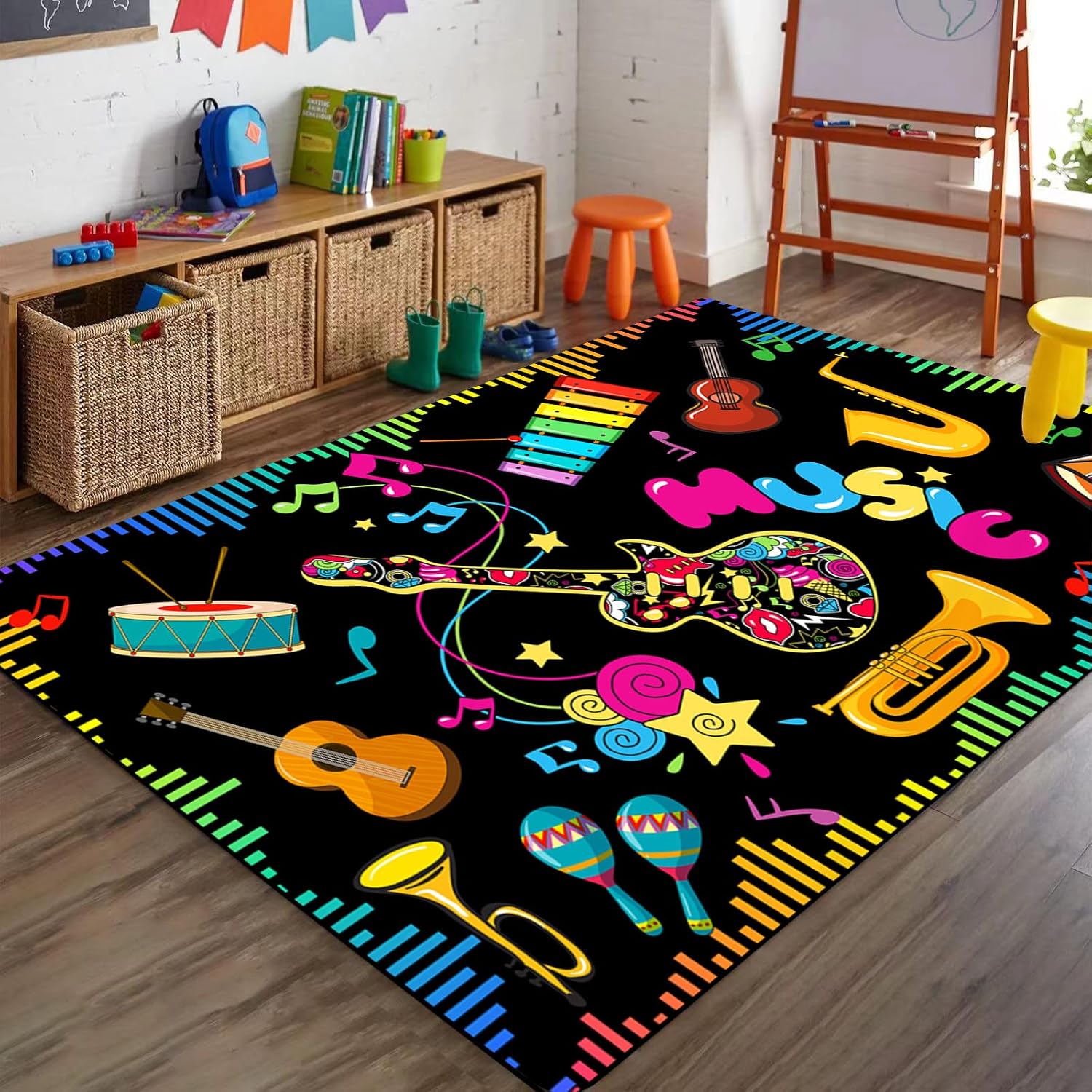 Musical Notes Musical Elements Printed Area Rug, 6x8ft, Guitar Drum Music Keyboard Classroom Playmat for Preschool, Durable Low Pile Fade Resistant Reduce Noise Rugs for Hallway Indoor