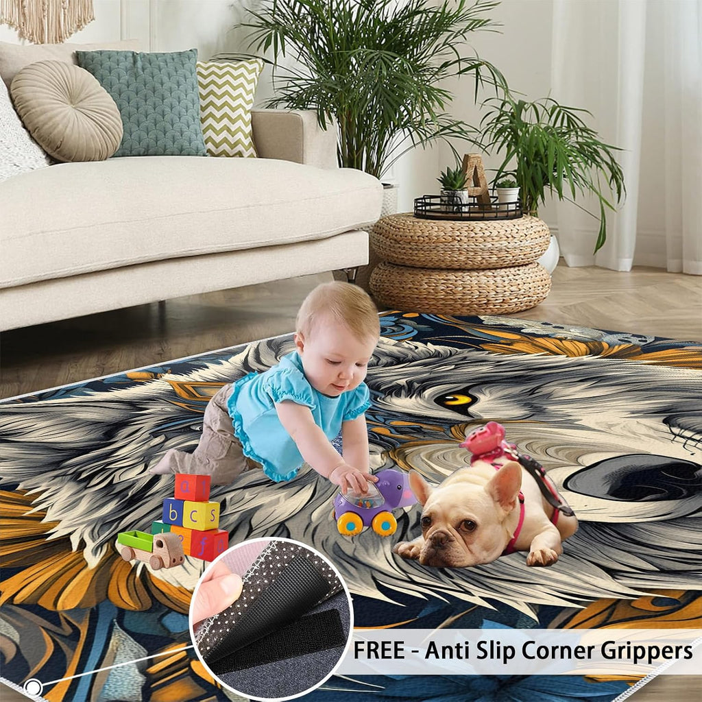 Wolf Rug 6x8-6x8 Rug, Wildlife Area Rugs for Bedroom, Viking Rugs for Living Room, Wild Animal Washable Mat, Teen Boys Carpet, Wild Wolf Home Decor & Gifts
