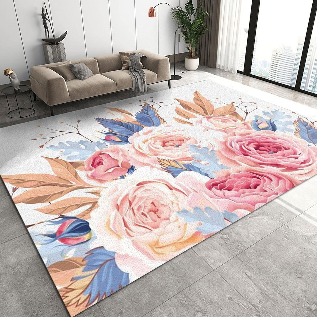6x8 Rug Hand Painted Rose Flowers Non-Slip Kids Rug, Pastoral Ink Flower Art Style Upholstery Rug with Non-Slip Backing for Kids Boys Girls Bedroom Living Room Dining Room Study