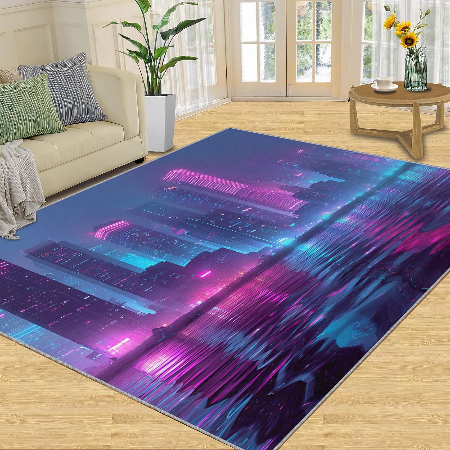 City Rugs for Bedroom, Skyline Rug 6x8, Modern City Night View Dining Room Rugs Washable & Non Slip Large Carpet for Home Decor