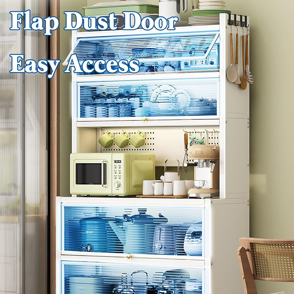 6-Tier Kitchen Standing Storage Cabinet, Kitchen Bakers Rack with Storage Cabinet, Microwave Stand with Pegboard Accessories, Heavy Duty Metal Kitchen Rack for Kitchen Dining Room,White,L 100cm