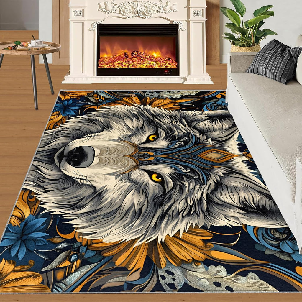 Wolf Rug 6x8-6x8 Rug, Wildlife Area Rugs for Bedroom, Viking Rugs for Living Room, Wild Animal Washable Mat, Teen Boys Carpet, Wild Wolf Home Decor & Gifts
