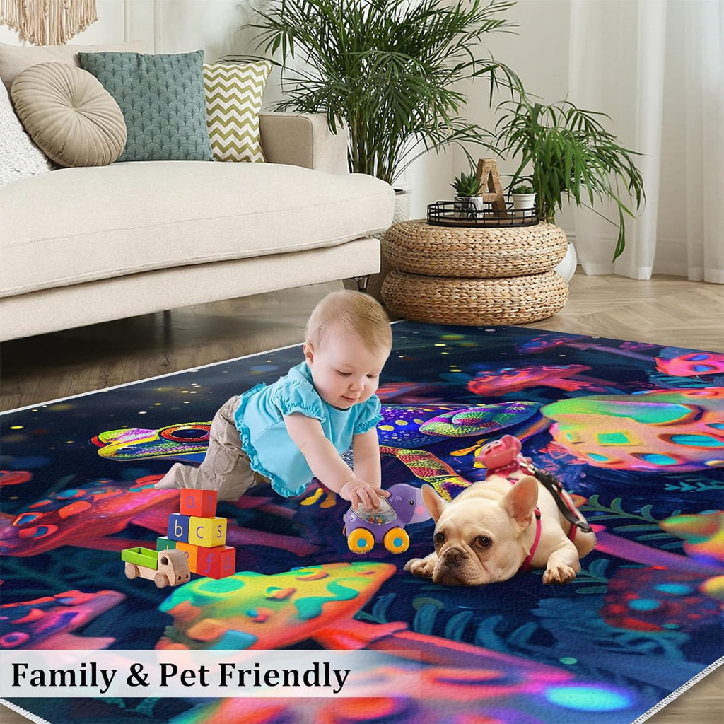 Cartoon Mushrooms Rug for Kids Room - 6x8 Large Rug, Fantasy Mushroom Rugs for Bedroom Colorful Animal Frog Area Rugs for Living Room Home Decor Washable Rug