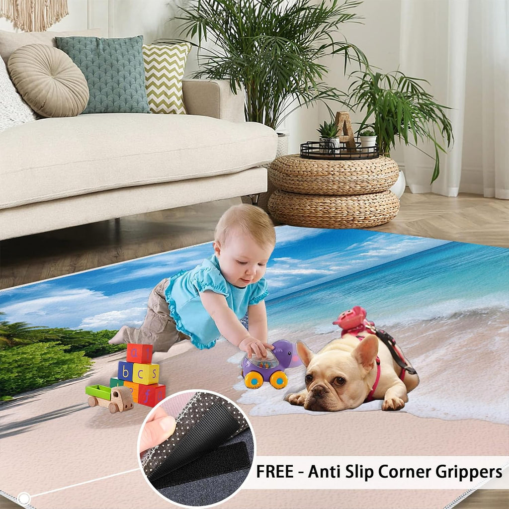 Coastal Area Rug 6x8 - Beach Scenery Large Rugs for Living Room, Sandy Beach Landscape Carpet Area Rug for Girls Bedroom Kids Room Basement Office Classroom