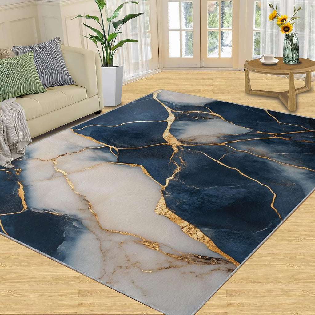 Blue Gold Carpet - Large Rug 6x8 - Marble Rugs for Living Room - Soft & Non Slip & Washable Rugs for Bedroom, Light Luxury Carpets for Dining Room Lounge Girls Room
