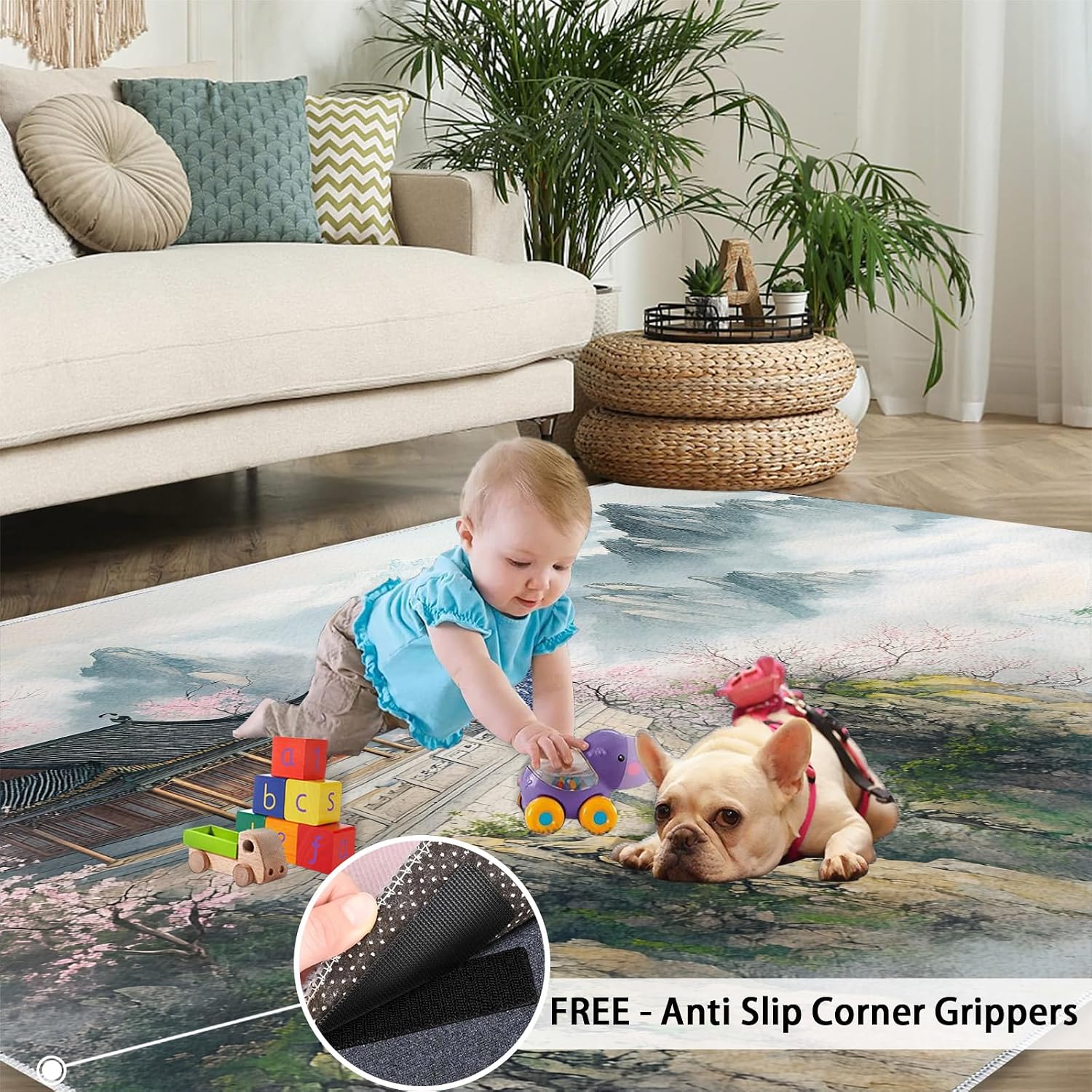 Japanese Landscape Area Rug Large - 6x8 Rug, Cherry Blossom Rugs for Living Room, Mountains Area Rugs for Bedroom, Oriental Washable Carpet, Japanese Home Decor & Gifts